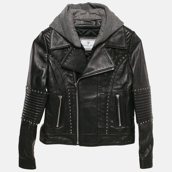 : Philipp Plein Junior Black Studded Leather Detachable Hood Biker Jacket 8 Yrs